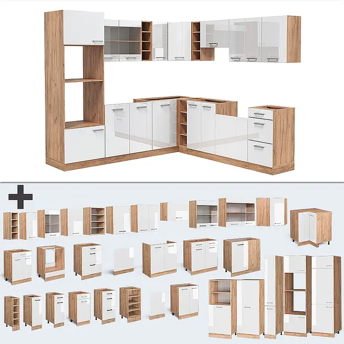 Vicco Eckküche R-Line Weiß Hochglanz/Goldkraft Eiche, AP Marmor - B x T: 247 x 60 cm, Weiß Hochglanz, Ohne Elektrogeräte - Modulare Küchenschränke in Weißglanz und heller Eichenoptik.