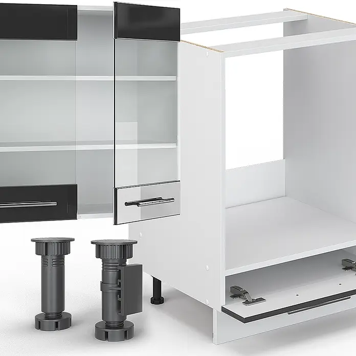 Vicco Eckküche Fame-Line Anthrazit Hochglanz/Weiß ohne Arbeitsplatte - B x T: 347 x 46 cm, Anthrazit Hochglanz, Ohne Elektrogeräte - Weiße modulare Küchenschrankteile: Hängeschrank mit Glastüren, Unterschrankgestell und verstellbare Füße.