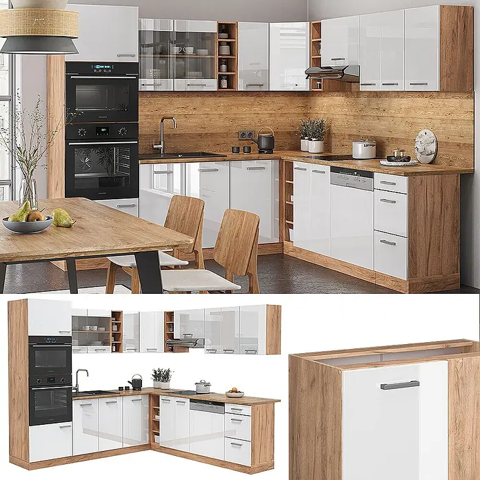 Vicco Eckküche R-Line Weiß Hochglanz/Goldkraft Eiche, AP Marmor - B x T: 247 x 60 cm, Weiß Hochglanz, Ohne Elektrogeräte - Moderne L-förmige Küche mit hochglänzend weißen Fronten und Eichenholz-Elementen, inklusive Einbaugeräten.