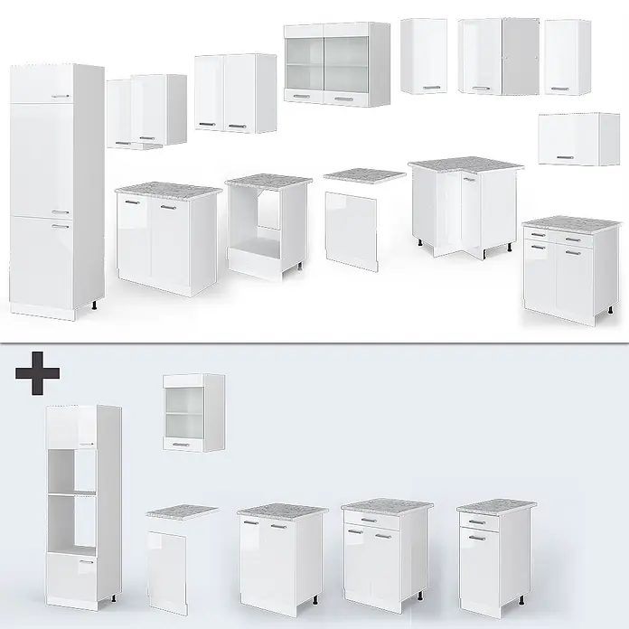Vicco Eckküche R-Line Weiß Hochglanz/Weiß, AP Eiche - B x T: 287 x 60 cm, Weiß Hochglanz, Ohne Elektrogeräte - Sortiment weißer Hochglanz-Küchenschränke, inklusive Unterschränken mit grauen Platten, Hänge- und Hochschränken.