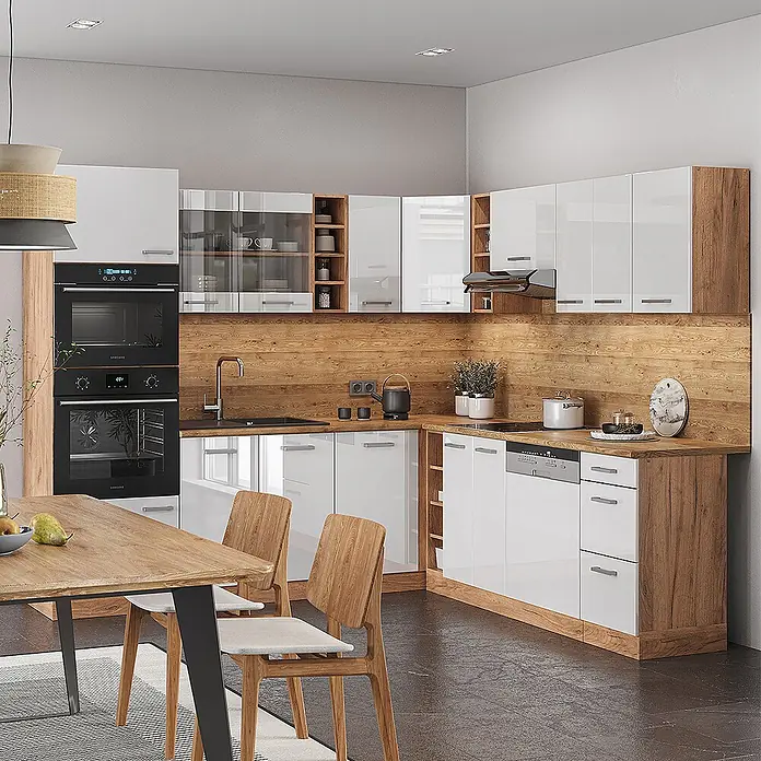 Vicco Eckküche R-Line Weiß Hochglanz/Goldkraft Eiche, AP Marmor - B x T: 247 x 60 cm, Weiß Hochglanz, Ohne Elektrogeräte - Moderne Eckküche mit glänzenden weißen Schränken und hellen Holzapplikationen, inkl. Einbauofen und Geschirrspüler.