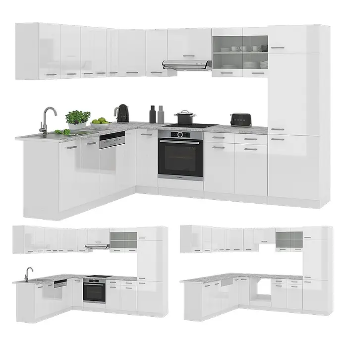 Vicco Eckküche R-Line Weiß Hochglanz/Weiß, AP Eiche - B x T: 287 x 60 cm, Weiß Hochglanz, Ohne Elektrogeräte - Weiße Hochglanz-Eckküche mit Spüle, Geschirrspüler, Backofen, Kochfeld und hohem Vorratsschrank.