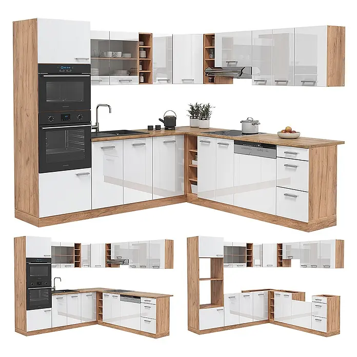 Vicco Eckküche R-Line Weiß Hochglanz/Goldkraft Eiche, AP Marmor - B x T: 247 x 60 cm, Weiß Hochglanz, Ohne Elektrogeräte - Moderne L-förmige Küche mit weißen Hochglanzfronten, Arbeitsplatten und Seitenwänden in Holzoptik, integriertem Backofen, Kochfeld, Spüle, Geschirrspüler.