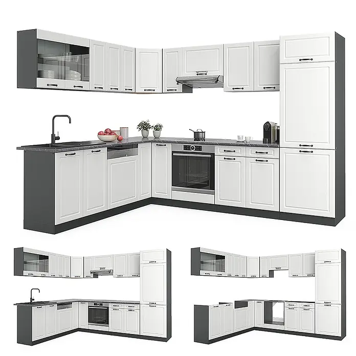 Vicco Eckküche R-Line Weiß Landhaus/Anthrazit ohne Arbeitsplatte - B x T: 287 x 46 cm, Weiß Landhaus, Ohne Elektrogeräte - Moderne L-förmige Küchenzeile mit weißen Fronten und dunkelgrauem Korpus, inklusive Spüle, Geschirrspüler, Backofen und Dunstabzugshaube.