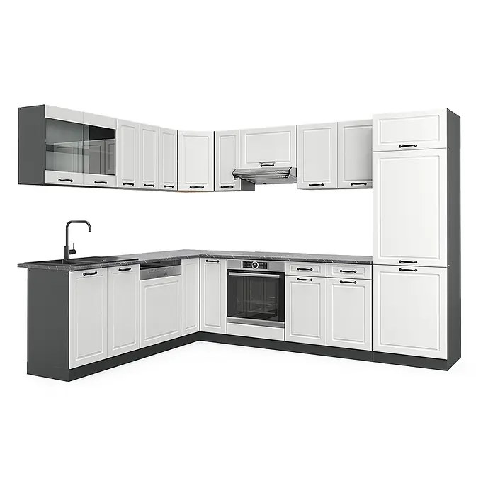 Vicco Eckküche R-Line Weiß Landhaus/Anthrazit ohne Arbeitsplatte - B x T: 287 x 46 cm, Weiß Landhaus, Ohne Elektrogeräte - L-förmige Küchenzeile in Weiß mit schwarzen Griffen, dunkelgrauen Unterschränken und dunkelgrauen Arbeitsplatten, inklusive Spüle, Geschirrspüler und Backofen.