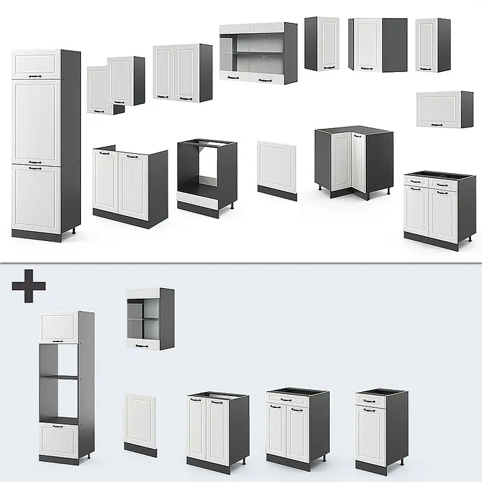 Vicco Eckküche R-Line Weiß Landhaus/Anthrazit ohne Arbeitsplatte - B x T: 287 x 46 cm, Weiß Landhaus, Ohne Elektrogeräte - Modulare Küchenschrankelemente mit weißen Kassettentüren und dunkelgrauen Rahmen.