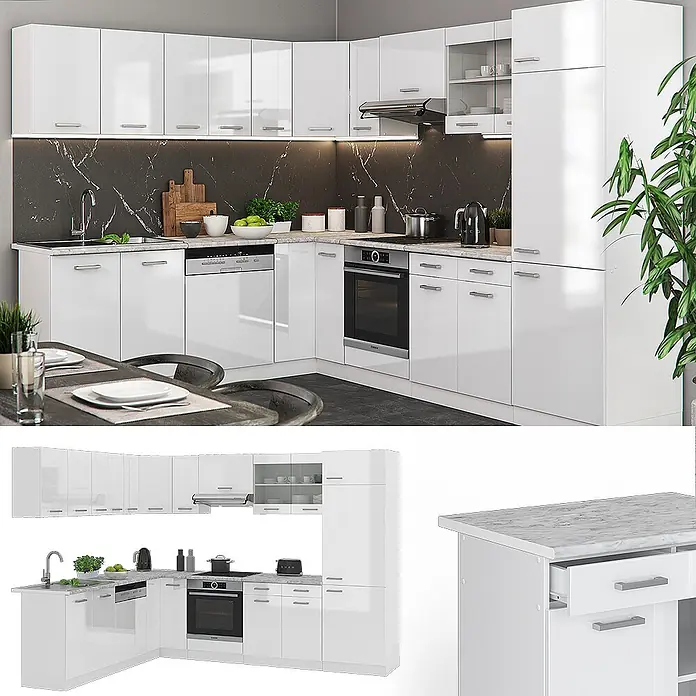 Vicco Eckküche R-Line Weiß Hochglanz/Weiß, AP Eiche - B x T: 287 x 60 cm, Weiß Hochglanz, Ohne Elektrogeräte - Weiße Hochglanz-Modulküche mit dunklen Arbeitsplatten, Spüle, Backofen und Geschirrspüler in moderner Küchenumgebung.