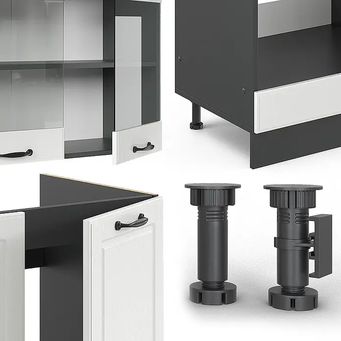 Vicco Eckküche R-Line Weiß Landhaus/Anthrazit ohne Arbeitsplatte - B x T: 287 x 46 cm, Weiß Landhaus, Ohne Elektrogeräte - Modulare Küchenschrankteile: weiß/dunkelgraue Einheiten mit schwarzen Griffen und verstellbaren schwarzen Kunststofffüßen.
