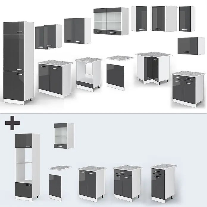 Vicco Eckküche R-Line Anthrazit Hochglanz/Weiß, AP Eiche - B x T: 287 x 60 cm, Anthrazit Hochglanz, Ohne Elektrogeräte - Modulare Küchenschränke in Dunkelgrau und Weiß: Ober-, Unter- und Hochschränke, teils mit Arbeitsplatten.