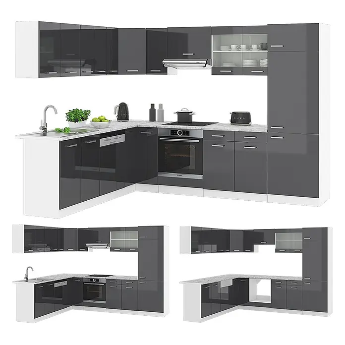 Vicco Eckküche R-Line Anthrazit Hochglanz/Weiß, AP Eiche - B x T: 287 x 60 cm, Anthrazit Hochglanz, Ohne Elektrogeräte - L-förmige Küchenzeile mit glänzenden dunkelgrauen Schränken, weißer Arbeitsplatte, integrierter Spüle, Kochfeld, Ofen und Geschirrspüler.