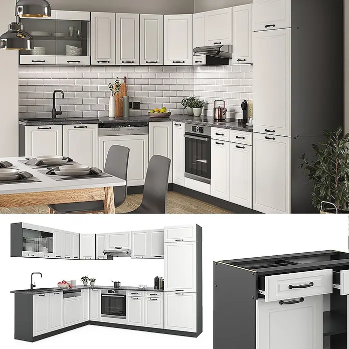 Vicco Eckküche R-Line Weiß Landhaus/Anthrazit ohne Arbeitsplatte - B x T: 287 x 46 cm, Weiß Landhaus, Ohne Elektrogeräte - Weiße Küchenschrankgarnitur mit dunklen Arbeitsplatten und Sockeln, schwarzen Griffen, Ober- und Unterschränken, integriertem Ofen und Geschirrspüler.