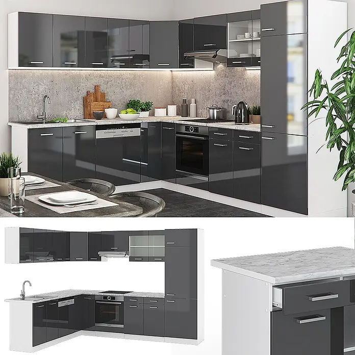 Vicco Eckküche R-Line Anthrazit Hochglanz/Weiß, AP Eiche - B x T: 287 x 60 cm, Anthrazit Hochglanz, Ohne Elektrogeräte - L-förmige Küche mit dunkelgrauen Hochglanzschränken und weißen Marmor-Arbeitsplatten.