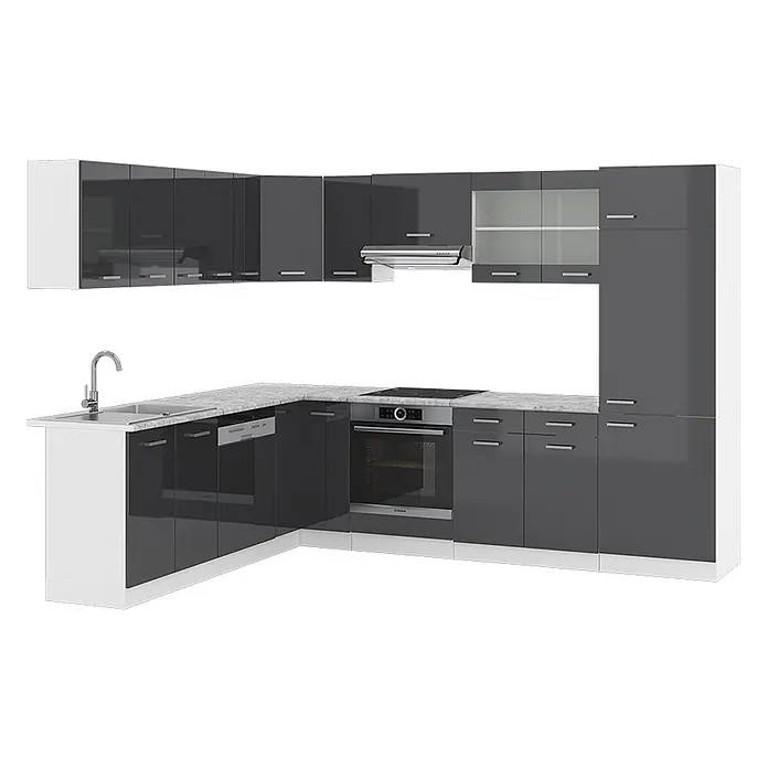 Vicco Eckküche R-Line Anthrazit Hochglanz/Weiß, AP Marmor - B x T: 287 x 60 cm, Anthrazit Hochglanz, Ohne Elektrogeräte - L-förmige modulare Küchenzeile mit hochglänzenden anthrazitfarbenen Schränken, weißer Marmor-Arbeitsplatte, Spüle, Backofen, Kochfeld und Geschirrspüler.