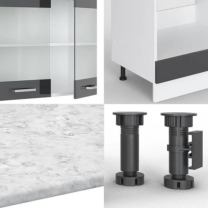 Vicco Eckküche R-Line Anthrazit Hochglanz/Weiß, AP Eiche - B x T: 287 x 60 cm, Anthrazit Hochglanz, Ohne Elektrogeräte - Weiße und graue Schränke mit Glastüren, Arbeitsplatte in Marmoroptik und schwarzen verstellbaren Möbelbeinen.