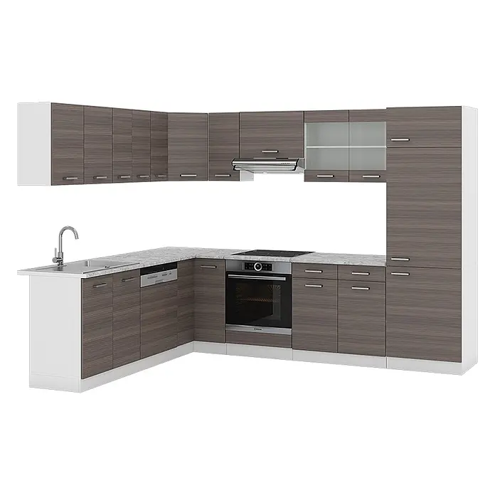 Vicco Eckküche R-Line Edelgrau/Weiß ohne Arbeitsplatte - B x T: 287 x 46 cm, Edelgrau, Ohne Elektrogeräte - L-förmige Küchenmöbel mit dunklen Holzmaserungsschränken, weißen Paneelen und heller Arbeitsplatte, inklusive Spüle, Geschirrspüler, Backofen, Kochfeld und Dunstabzugshaube.