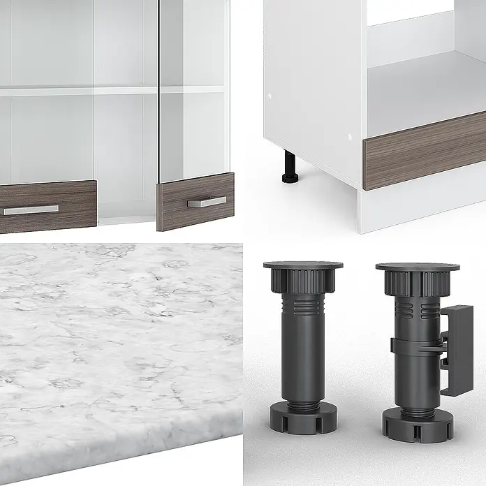 Vicco Eckküche R-Line Edelgrau/Weiß, AP Anthrazit - B x T: 287 x 60 cm, Edelgrau, Ohne Elektrogeräte - Modulare Küchen-/Möbelkomponenten: weiße Schränke mit Holzfronten, Arbeitsplatte in Marmoroptik und verstellbare dunkelgraue Füße.