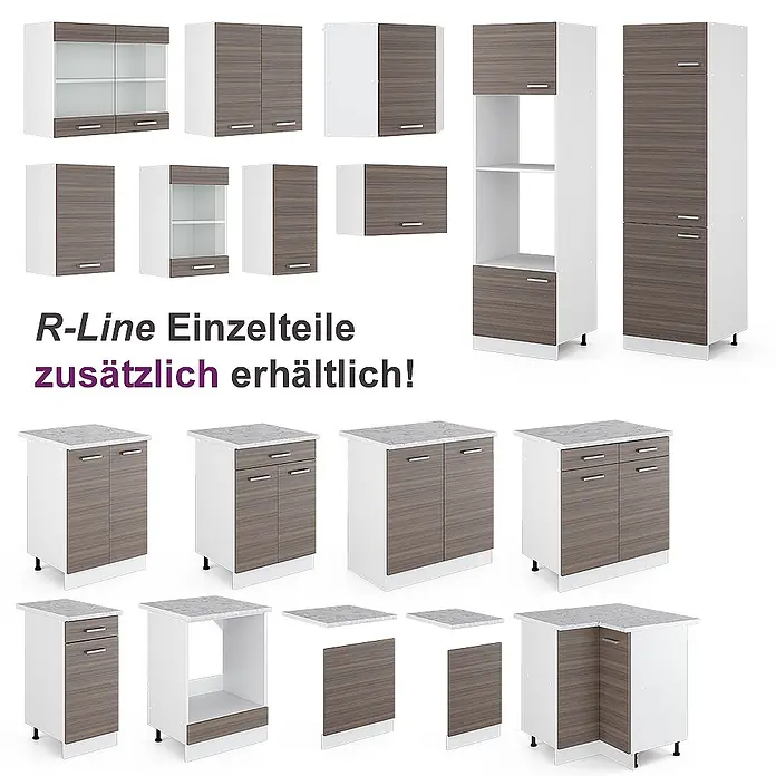 Vicco Eckküche Rick Edelgrau/Weiß, AP Marmor - B x T: 190 x 60 cm, Edelgrau, Ohne Elektrogeräte - Modulare Küchenschränke in Weiß mit holzmaserbraunen Fronten und Steinoptik-Arbeitsplatten. Enthält Wand-, Unter- und Hochschränke.