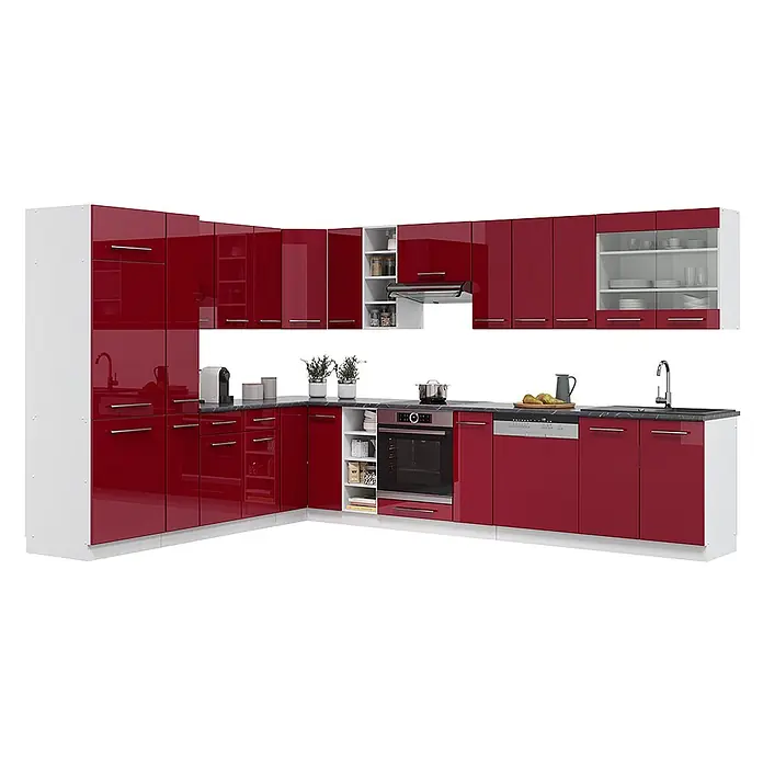 Vicco Eckküche Fame-Line Bordeaux Hochglanz/Weiß ohne Arbeitsplatte - B x T: 347 x 46 cm, Bordeaux Hochglanz, Ohne Elektrogeräte - Moderne L-förmige Küchenzeile mit glänzenden rot-weißen Schränken, schwarzer Arbeitsplatte, integriertem Ofen, Geschirrspüler und Spüle.