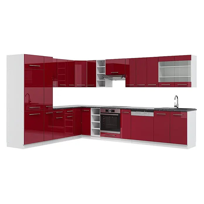 Vicco Eckküche Fame-Line Bordeaux Hochglanz/Weiß ohne Arbeitsplatte - B x T: 347 x 46 cm, Bordeaux Hochglanz, Ohne Elektrogeräte - L-förmige modulare Küche mit hochglänzenden roten Türen, weißen Schränken, dunkler Arbeitsplatte, integriertem Backofen, Geschirrspüler und Spüle.