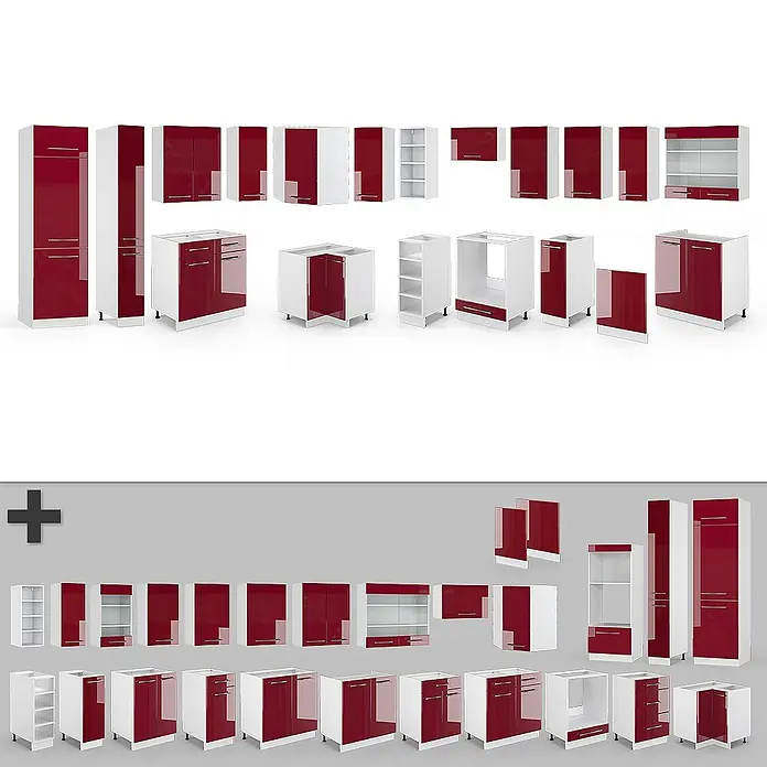 Vicco Eckküche Fame-Line Bordeaux Hochglanz/Weiß ohne Arbeitsplatte - B x T: 347 x 46 cm, Bordeaux Hochglanz, Ohne Elektrogeräte - Verschiedene hochglänzende rote und weiße Küchenschränke, Unter-, Ober- und Hochschränke, für eine moderne Küche.