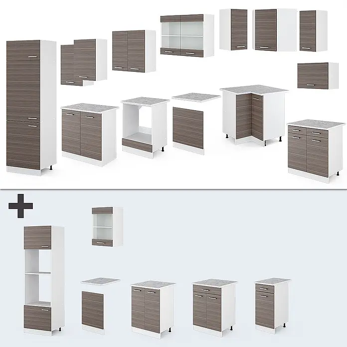 Vicco Eckküche R-Line Edelgrau/Weiß, AP Anthrazit - B x T: 287 x 60 cm, Edelgrau, Ohne Elektrogeräte - Modulare Küchenschränke in Weiß und dunkler Holzoptik, inklusive Unter-, Ober- und Hochschränken.