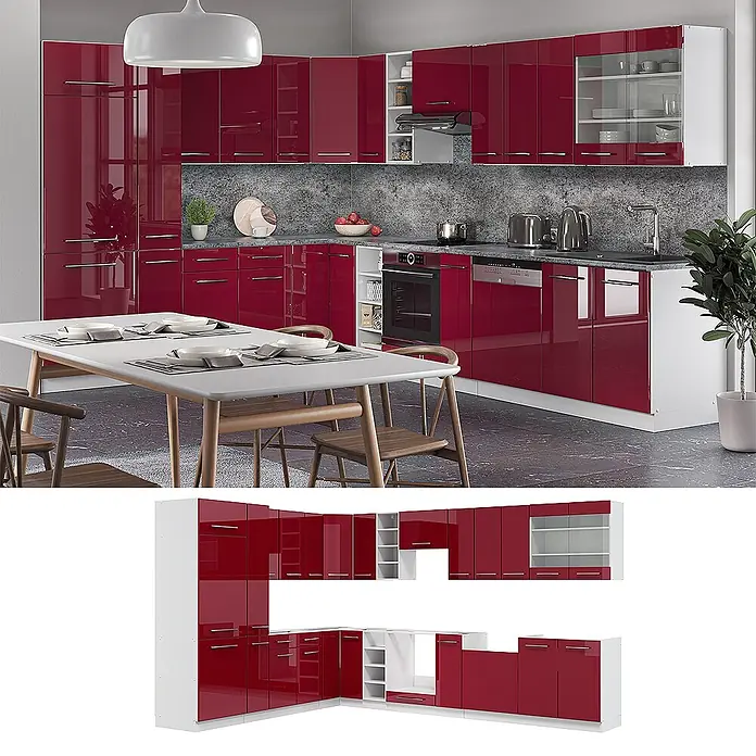 Vicco Eckküche Fame-Line Bordeaux Hochglanz/Weiß ohne Arbeitsplatte - B x T: 347 x 46 cm, Bordeaux Hochglanz, Ohne Elektrogeräte - Moderne L-förmige Küche in hochglänzendem Rot mit weißen Elementen, Unterschränken, Hochschränken und integrierten Geräten.