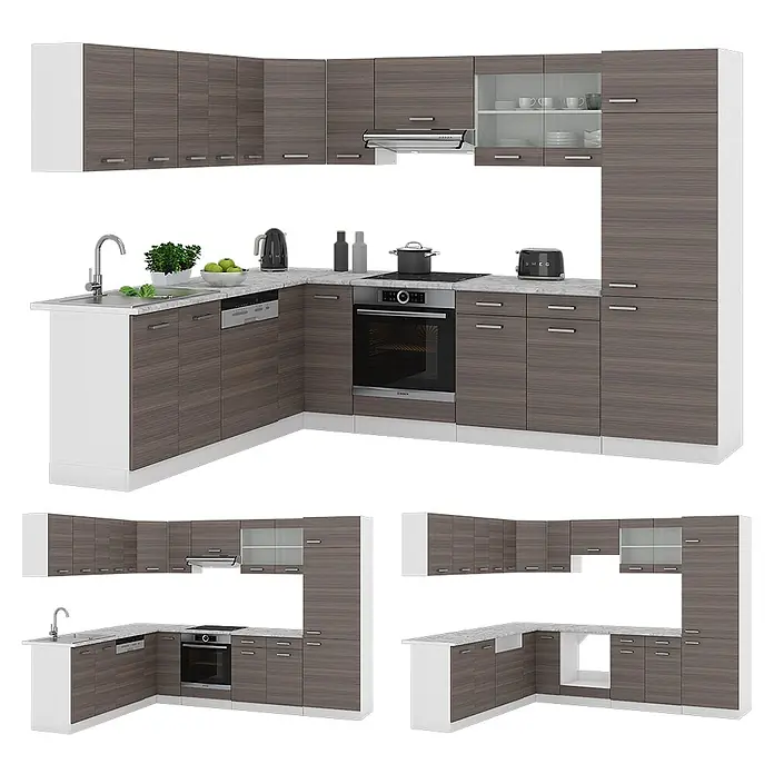 Vicco Eckküche R-Line Edelgrau/Weiß, AP Anthrazit - B x T: 287 x 60 cm, Edelgrau, Ohne Elektrogeräte - Moderne L-förmige Küche mit Holzmaserungsschränken, weißen Paneelen, heller Arbeitsplatte und integrierten Geräten.