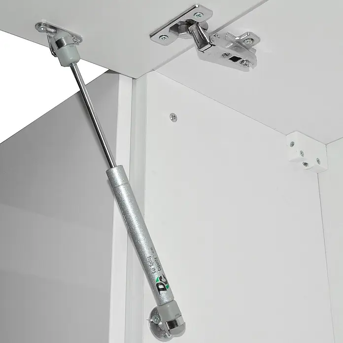 Vicco Eckküche Rick Weiß Hochglanz/Weiß, AP Marmor - Weiß Hochglanz, Ohne Elektrogeräte - Silberne Gasfeder und Metallscharniere an weißen Möbelkomponenten montiert.