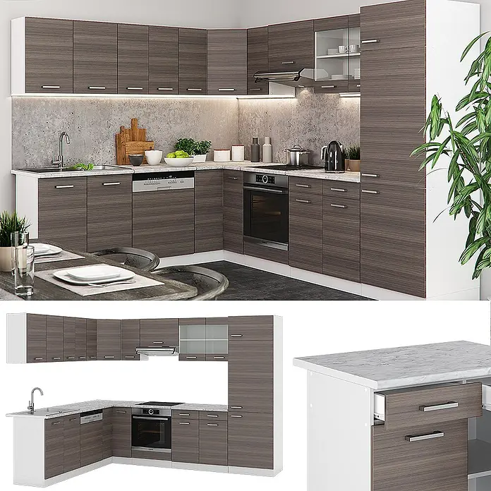 Vicco Eckküche R-Line Edelgrau/Weiß, AP Anthrazit - B x T: 287 x 60 cm, Edelgrau, Ohne Elektrogeräte - L-förmige Küchenzeile mit dunklen Holzmaserungsschränken, weißen Rahmen und Marmoroptik-Arbeitsplatten, inkl. Spüle, Backofen und Geschirrspüler.