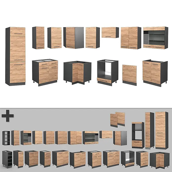 Vicco Eckküche Fame-Line Goldkraft Eiche/Anthrazit, AP Anthrazit - B x T: 287 x 60 cm, Goldkraft Eiche, Ohne Elektrogeräte - Modulare Küchenschränke mit hellen Holzfronten und dunkelgrauen Korpi, in verschiedenen Größen und Ausführungen.