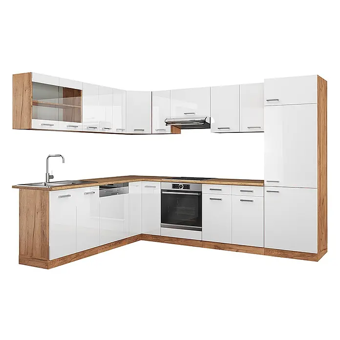 Vicco Eckküche R-Line Weiß Hochglanz/Goldkraft Eiche, AP Eiche - B x T: 287 x 60 cm, Weiß Hochglanz, Ohne Elektrogeräte - L-förmige Küche mit hochglanzweißen Fronten, Arbeitsplatte und Seitenteilen in Holzoptik, inklusive Spüle, Backofen und Geschirrspüler.