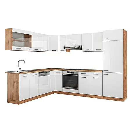 Vicco  Eckküche R-Line Weiß Hochglanz/Goldkraft Eiche ohne Arbeitsplatte