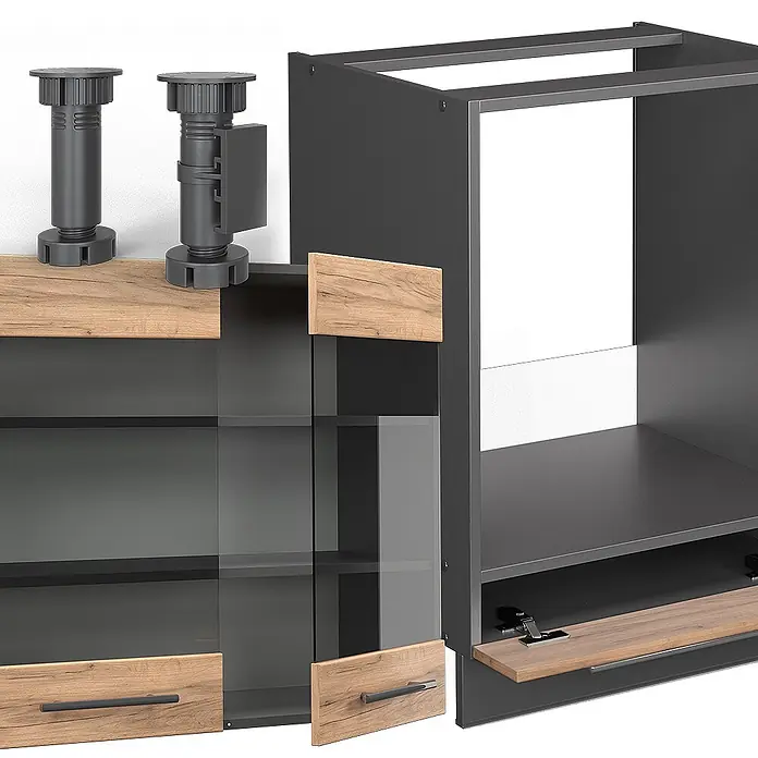 Vicco Eckküche Fame-Line Goldkraft Eiche/Anthrazit, AP Anthrazit - B x T: 287 x 60 cm, Goldkraft Eiche, Ohne Elektrogeräte - Dunkelgraues Modulschranksystem mit hellen Holz- und Glastüren, Auszugsboden und schwarzen verstellbaren Füßen. Teilmontiert gezeigt.