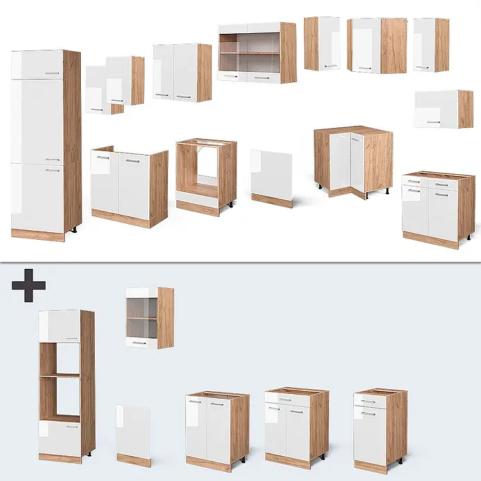 Vicco Eckküche R-Line Weiß Hochglanz/Goldkraft Eiche, AP Anthrazit - B x T: 287 x 60 cm, Weiß Hochglanz, Ohne Elektrogeräte - Weiße Hochglanz-Küchenschränke mit heller Holzoptik, verschiedene Unterschränke, Hängeschränke und Hochschränke.