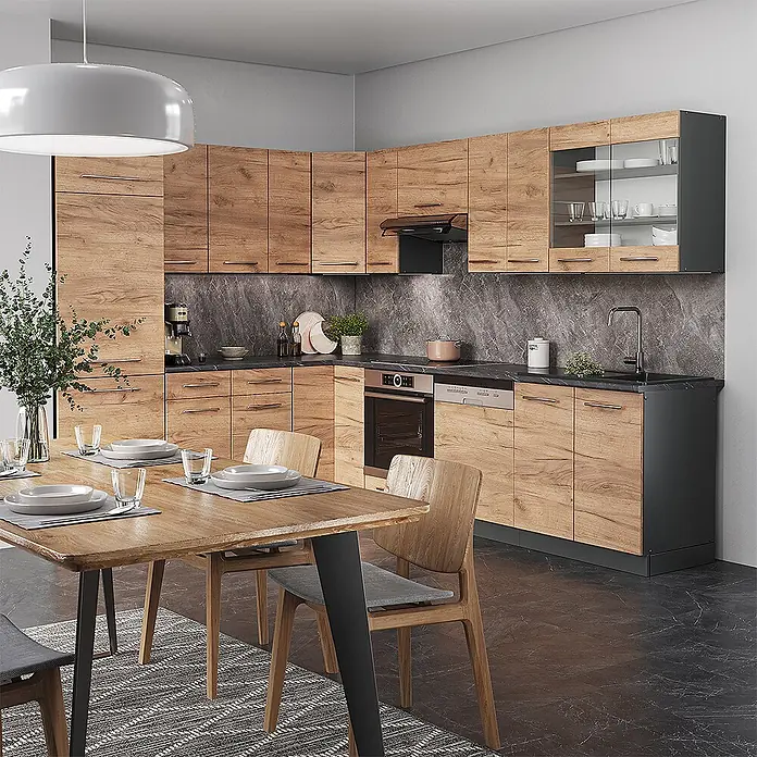 Vicco Eckküche Fame-Line Goldkraft Eiche/Anthrazit, AP Anthrazit - B x T: 287 x 60 cm, Goldkraft Eiche, Ohne Elektrogeräte - Moderne Eckküche mit hellen Holzdekorfronten, dunkelgrauen Arbeitsplatten und integrierten Geräten.