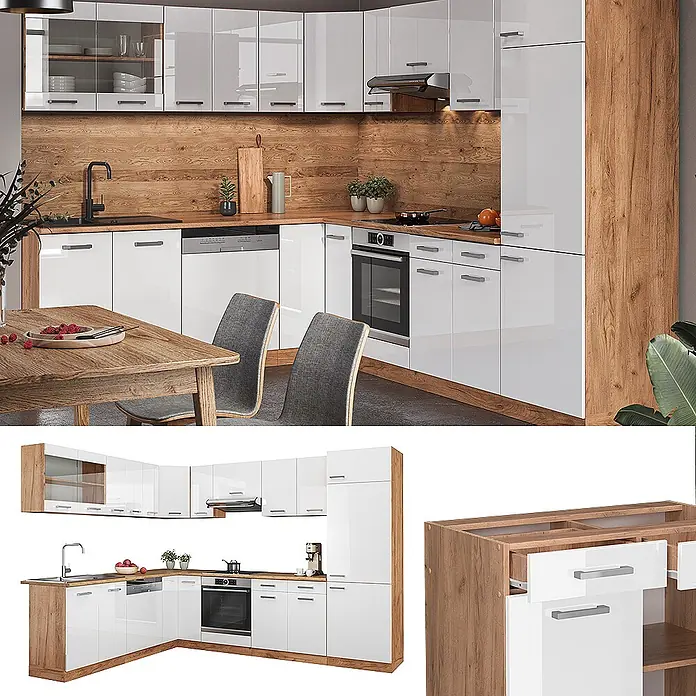 Vicco Eckküche R-Line Weiß Hochglanz/Goldkraft Eiche, AP Anthrazit - B x T: 287 x 60 cm, Weiß Hochglanz, Ohne Elektrogeräte - Moderne L-förmige Einbauküche mit weißen Hochglanzfronten und Holzoptik-Arbeitsplatten, inklusive Geräten.
