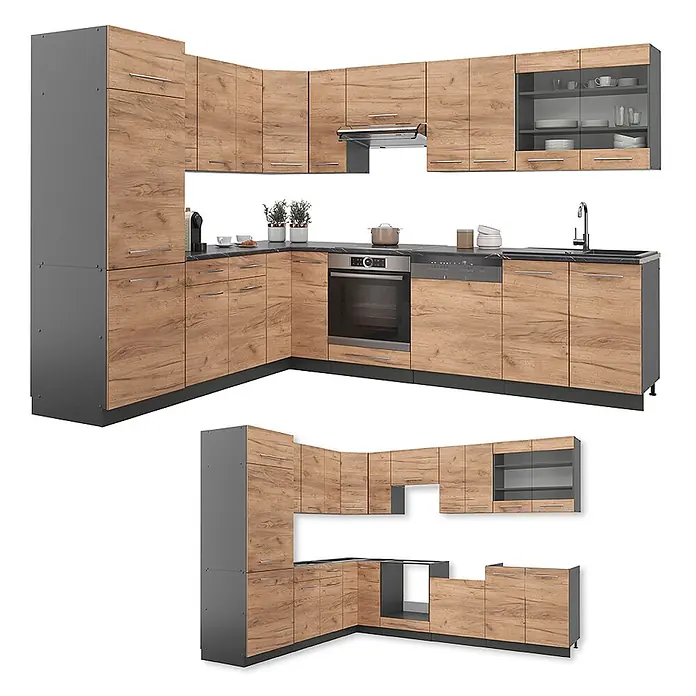 Vicco Eckküche Fame-Line Goldkraft Eiche/Anthrazit, AP Anthrazit - B x T: 287 x 60 cm, Goldkraft Eiche, Ohne Elektrogeräte - Moderne L-förmige Küchenzeile mit Holzdekorfronten und dunkelgrauen Akzenten. Inkl. integriertem Backofen, Spüle, Spülmaschine.
