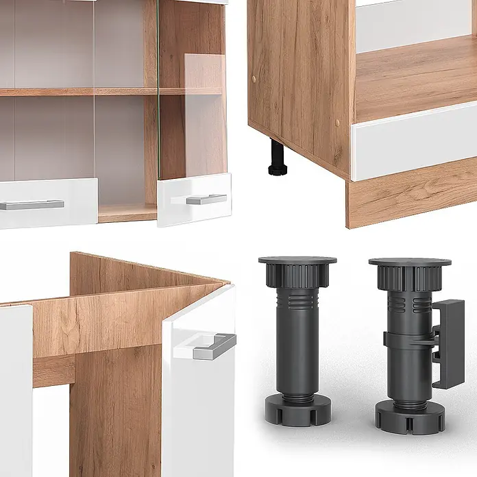 Vicco Eckküche R-Line Weiß Hochglanz/Goldkraft Eiche, AP Anthrazit - B x T: 287 x 60 cm, Weiß Hochglanz, Ohne Elektrogeräte - Modulare Schranksystem-Komponenten: helle Holz- und weiße Paneele mit silbernen Griffen, dazu schwarze verstellbare Möbelfüße.