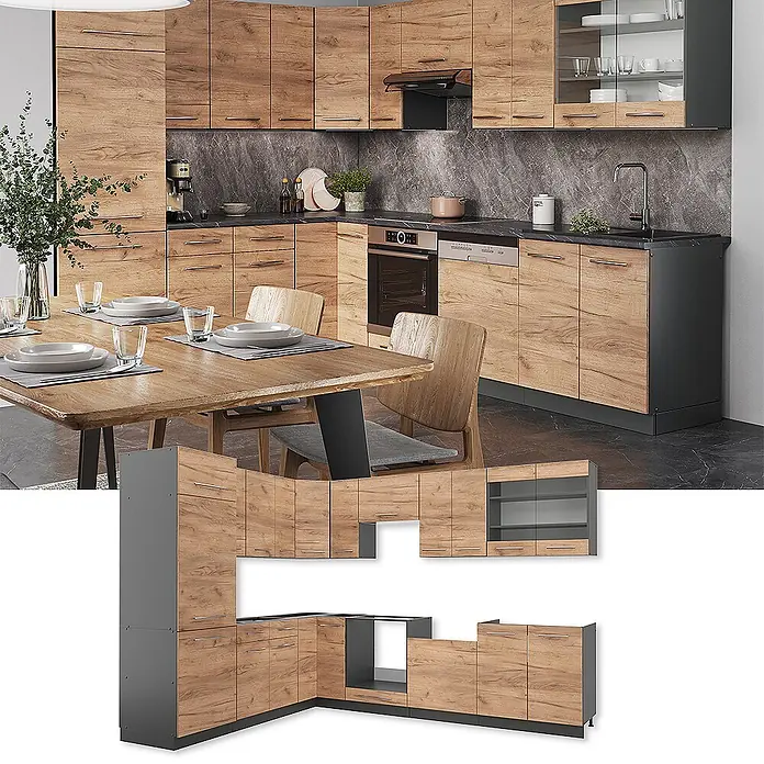 Vicco Eckküche Fame-Line Goldkraft Eiche/Anthrazit, AP Anthrazit - B x T: 287 x 60 cm, Goldkraft Eiche, Ohne Elektrogeräte - Modulares L-förmiges Küchenset mit Holzdekorfronten und dunkelgrauen Rahmen, installiert und als Moduleinheiten gezeigt.