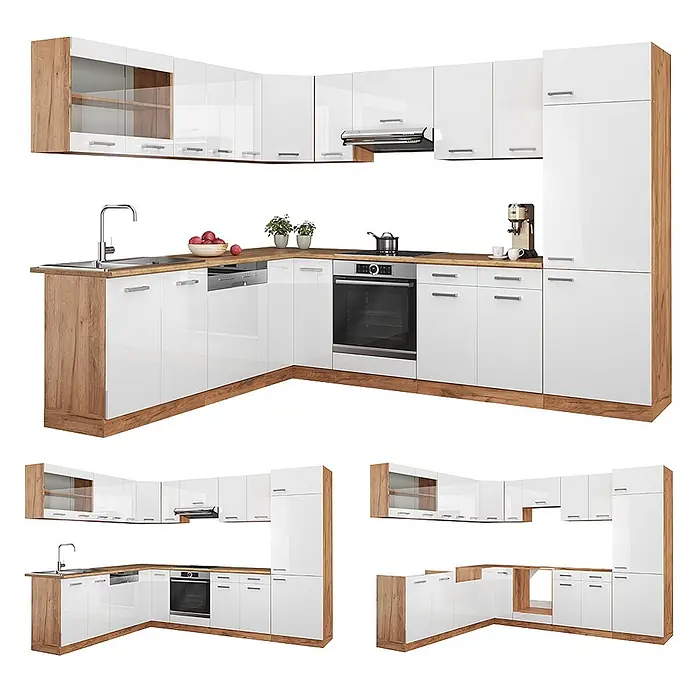 Vicco Eckküche R-Line Weiß Hochglanz/Goldkraft Eiche, AP Anthrazit - B x T: 287 x 60 cm, Weiß Hochglanz, Ohne Elektrogeräte - U-förmige Küche mit hochglänzenden weißen Schränken und hellen Eichenarbeitsplatten, Spüle, Backofen und Kochfeld.