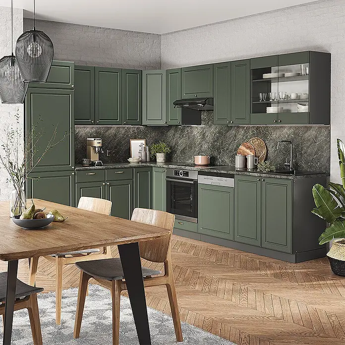 Vicco Eckküche Fame-Line Grün-Gold Landhaus/Anthrazit ohne Arbeitsplatte - B x T: 287 x 46 cm, Grün-Gold Landhaus, Ohne Elektrogeräte - Dunkelgrüne klassische Küchenschränke mit integrierten Geräten und Essbereich.