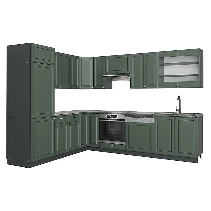 Vicco Eckküche Fame-Line Grün-Gold Landhaus/Anthrazit ohne Arbeitsplatte - B x T: 287 x 46 cm, Grün-Gold Landhaus, Ohne Elektrogeräte - Dunkelgrüne L-Küchenzeile mit grauer Arbeitsplatte, integriertem Backofen, Geschirrspüler und Spüle. Mit Unter- und Oberschränken.