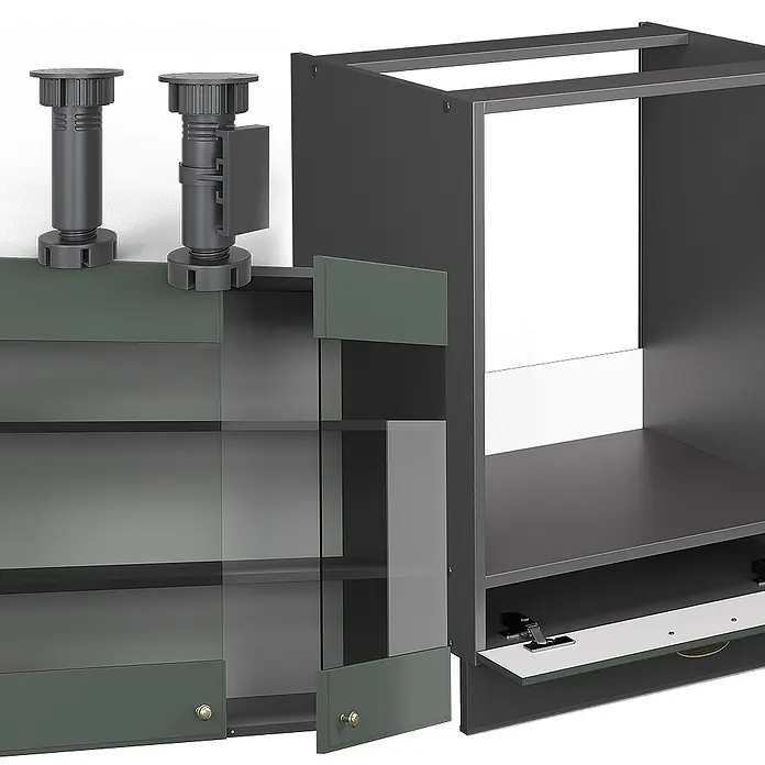 Vicco Eckküche Fame-Line Grün-Gold Landhaus/Anthrazit ohne Arbeitsplatte - B x T: 287 x 46 cm, Grün-Gold Landhaus, Ohne Elektrogeräte - Dunkelgrauer Küchenunterschrank mit verstellbarem Einlegeboden, grüner Vitrine mit Goldgriffen und zwei grauen Justierfüßen.