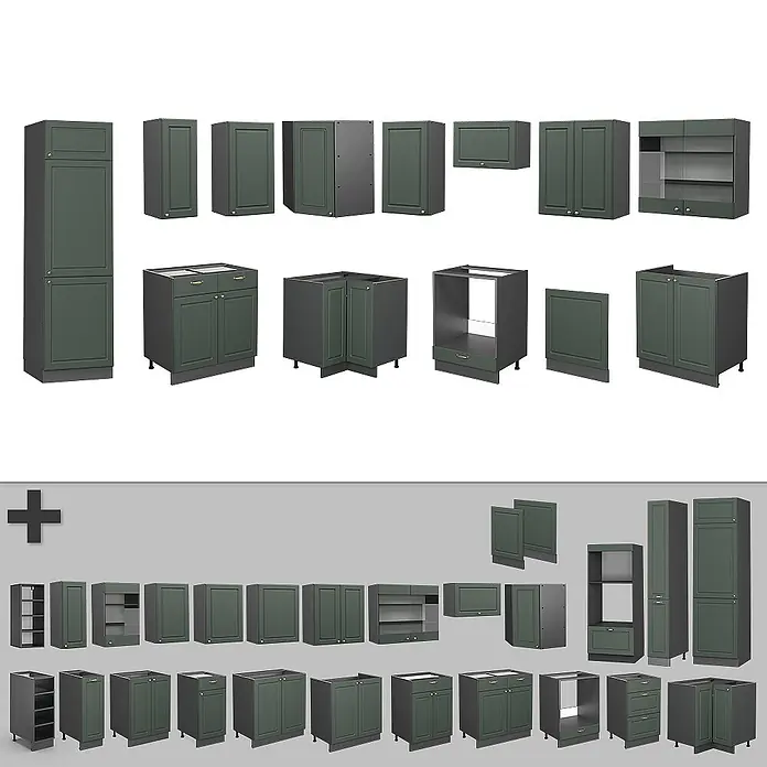 Vicco Eckküche Fame-Line Grün-Gold Landhaus/Anthrazit ohne Arbeitsplatte - B x T: 287 x 46 cm, Grün-Gold Landhaus, Ohne Elektrogeräte - Verschiedene dunkelgrüne modulare Küchenschränke, darunter Unter-, Ober-, Hoch- und Eckschränke.
