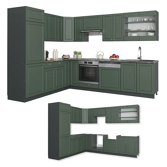 Vicco Eckküche Fame-Line Grün-Gold Landhaus/Anthrazit ohne Arbeitsplatte - B x T: 287 x 46 cm, Grün-Gold Landhaus, Ohne Elektrogeräte - Dunkelgrüne L-förmige Küchenschrankgarnitur mit Unter-, Ober- und Hochschränken, integriertem Backofen, Geschirrspüler und Spüle.
