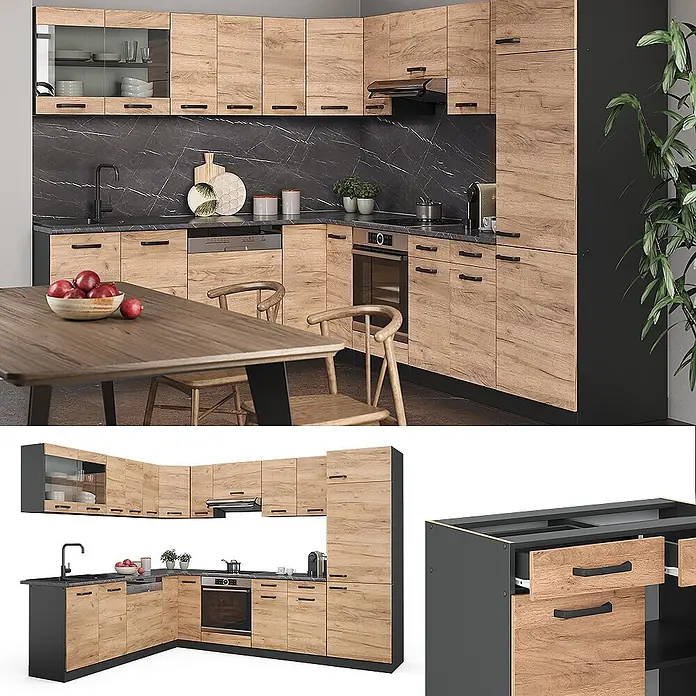 Eckküche R-Line 287 cm Goldkraft Eiche Art.-Nr. 34938 -  - Moderne L-förmige Küchenzeile mit hellen Holzoptikfronten, schwarzen Griffen und dunklen Arbeitsplatten. Mit Ofen, Spülmaschine, Spüle.