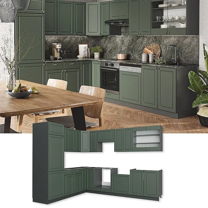 Vicco Eckküche Fame-Line Grün-Gold Landhaus/Anthrazit ohne Arbeitsplatte - B x T: 287 x 46 cm, Grün-Gold Landhaus, Ohne Elektrogeräte - Dunkelgrünes modulares Küchenschrank-Set mit klassischen Paneeltüren, installiert und als Einzelmodule gezeigt.