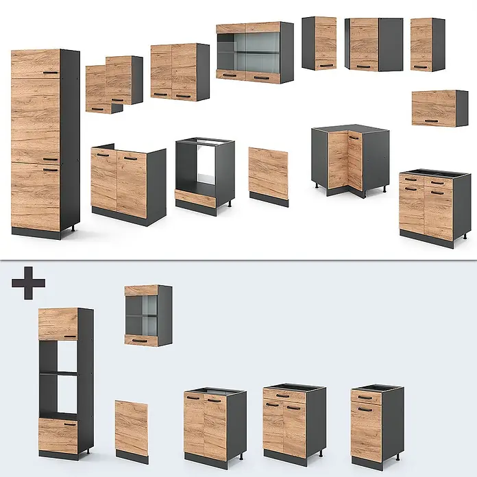 Eckküche R-Line 287 cm Goldkraft Eiche Art.-Nr. 34938 -  - Modulare Küchenschrankelemente mit Holzoptikfronten und dunkelgrauen Korpen, inklusive Unter-, Ober- und Hochschränken.