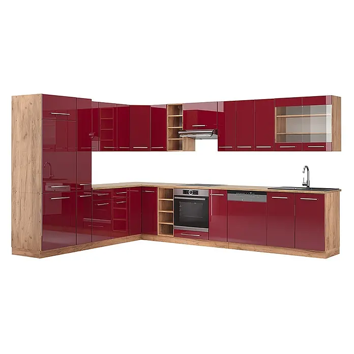Vicco Eckküche Fame-Line Bordeaux Hochglanz/Goldkraft Eiche ohne Arbeitsplatte - Bordeaux Hochglanz, Ohne Elektrogeräte - Moderne L-Küche in Hochglanzrot mit Holz-Akzenten und integrierten Geräten.