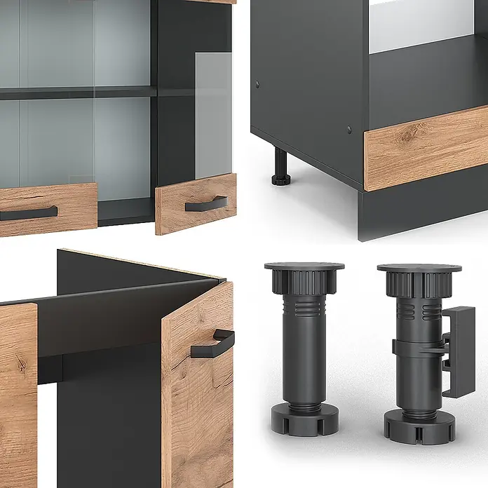 Eckküche R-Line 287 cm Goldkraft Eiche Art.-Nr. 34938 -  - Modulares Möbelstück in Anthrazit und Holzoptik, mit Glastüren und verstellbaren Füßen.